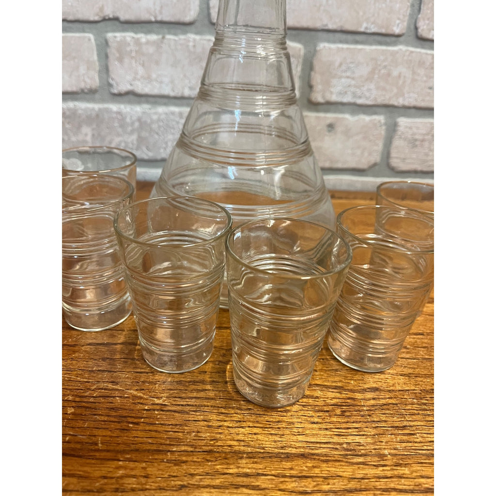 Vintage 1930s Art Deco Ribbed Glass Decanter Bar Set 7pc w/ Drinkign Glasses
