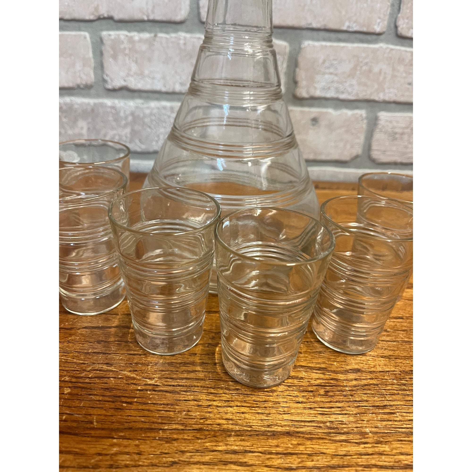 Vintage 1930s Art Deco Ribbed Glass Decanter Bar Set 7pc w/ Drinkign Glasses