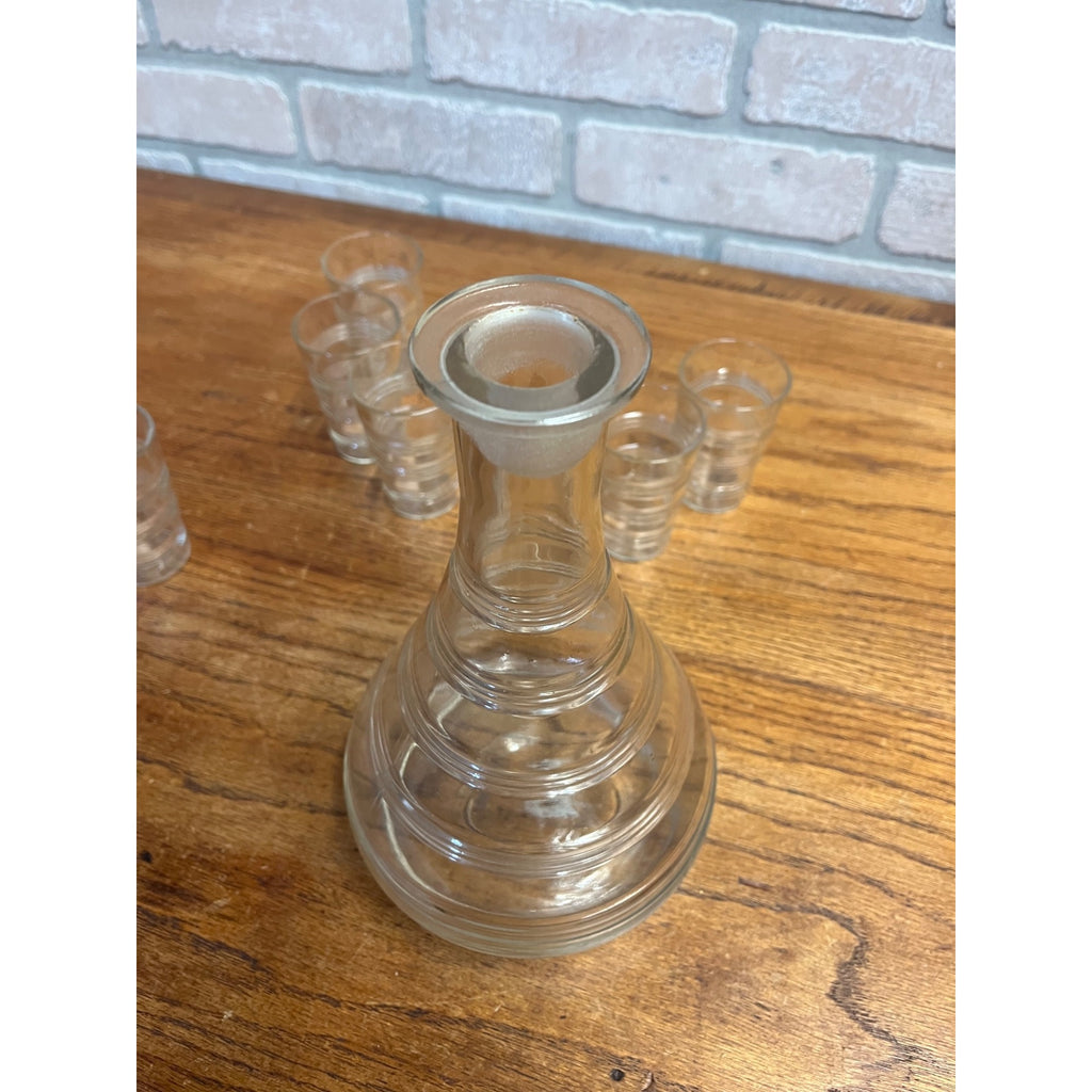 Vintage 1930s Art Deco Ribbed Glass Decanter Bar Set 7pc w/ Drinkign Glasses