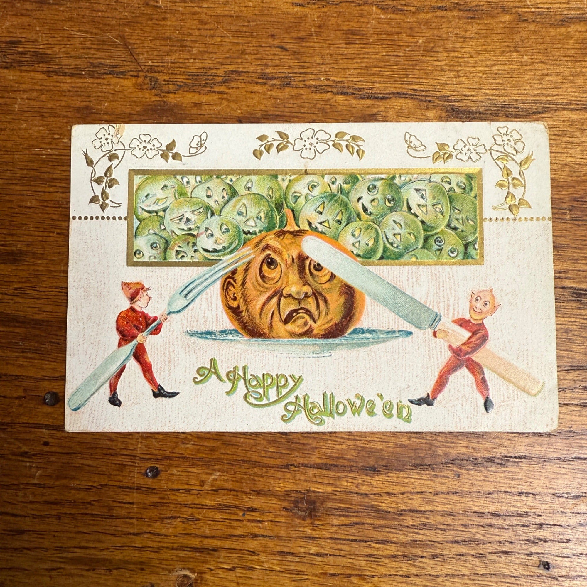 Happy Halloween Postcard Fork Knife Gnome Elf Jack-o-lantern Pumpkin 2040