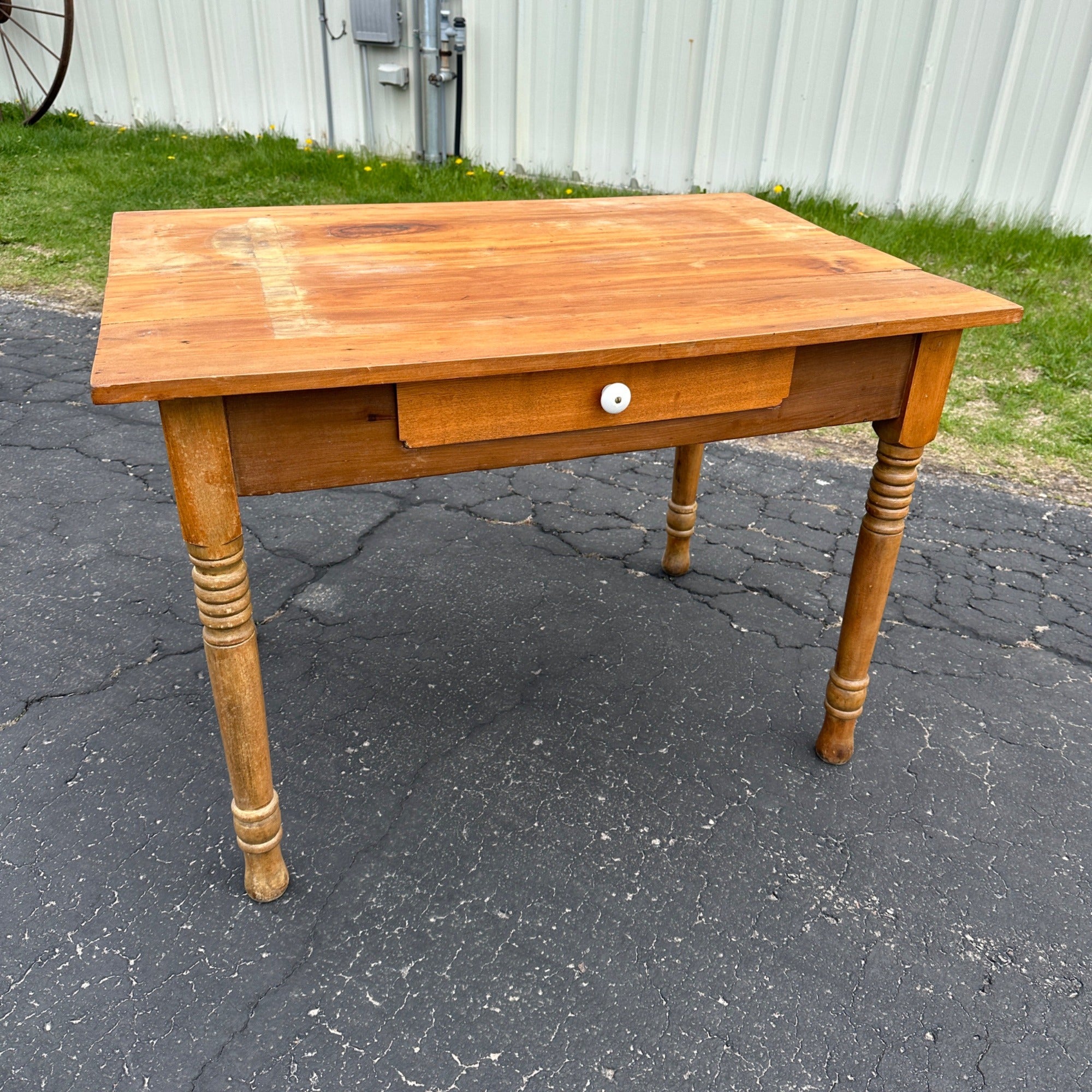 Antique Primitive Pine Wooden Table w/ Single Drawer