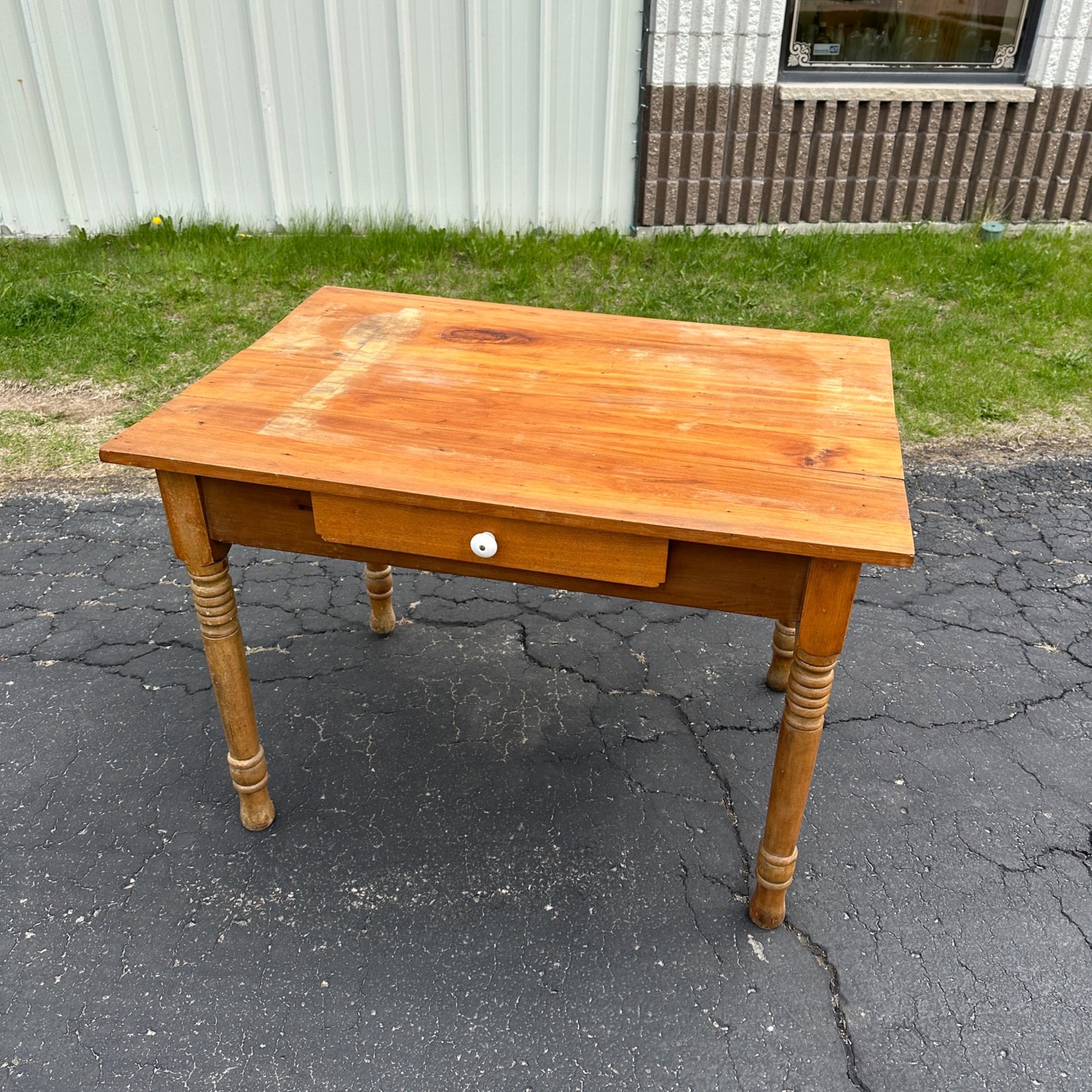 Antique Primitive Pine Wooden Table w/ Single Drawer
