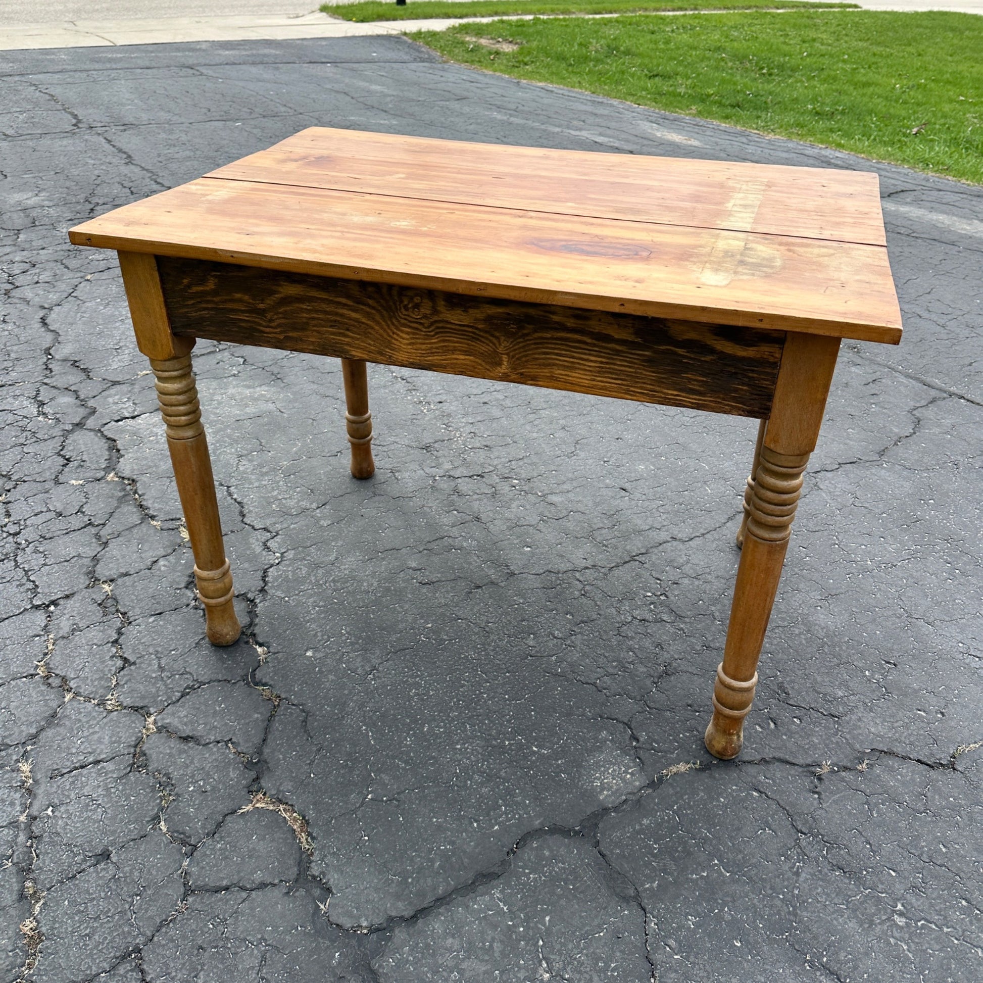 Antique Primitive Pine Wooden Table w/ Single Drawer