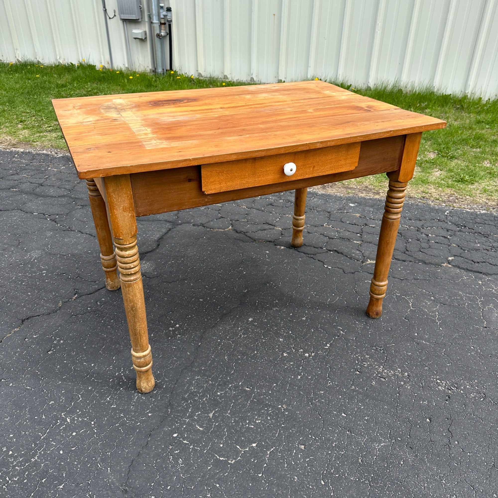 Antique Primitive Pine Wooden Table w/ Single Drawer