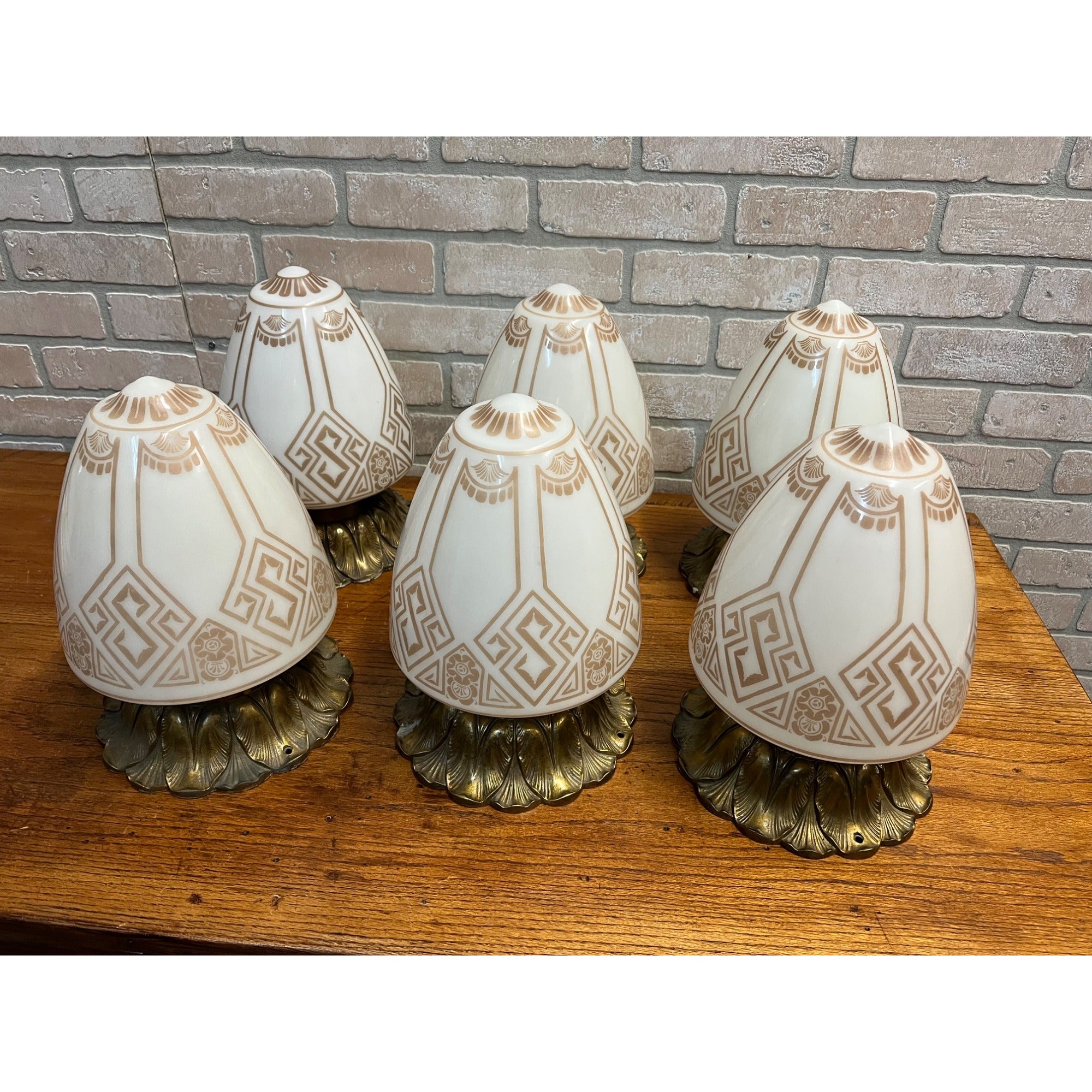 Antique Art Deco Nouveau Milk Glass Acorn Ceiling Light Fixtures Set (6)