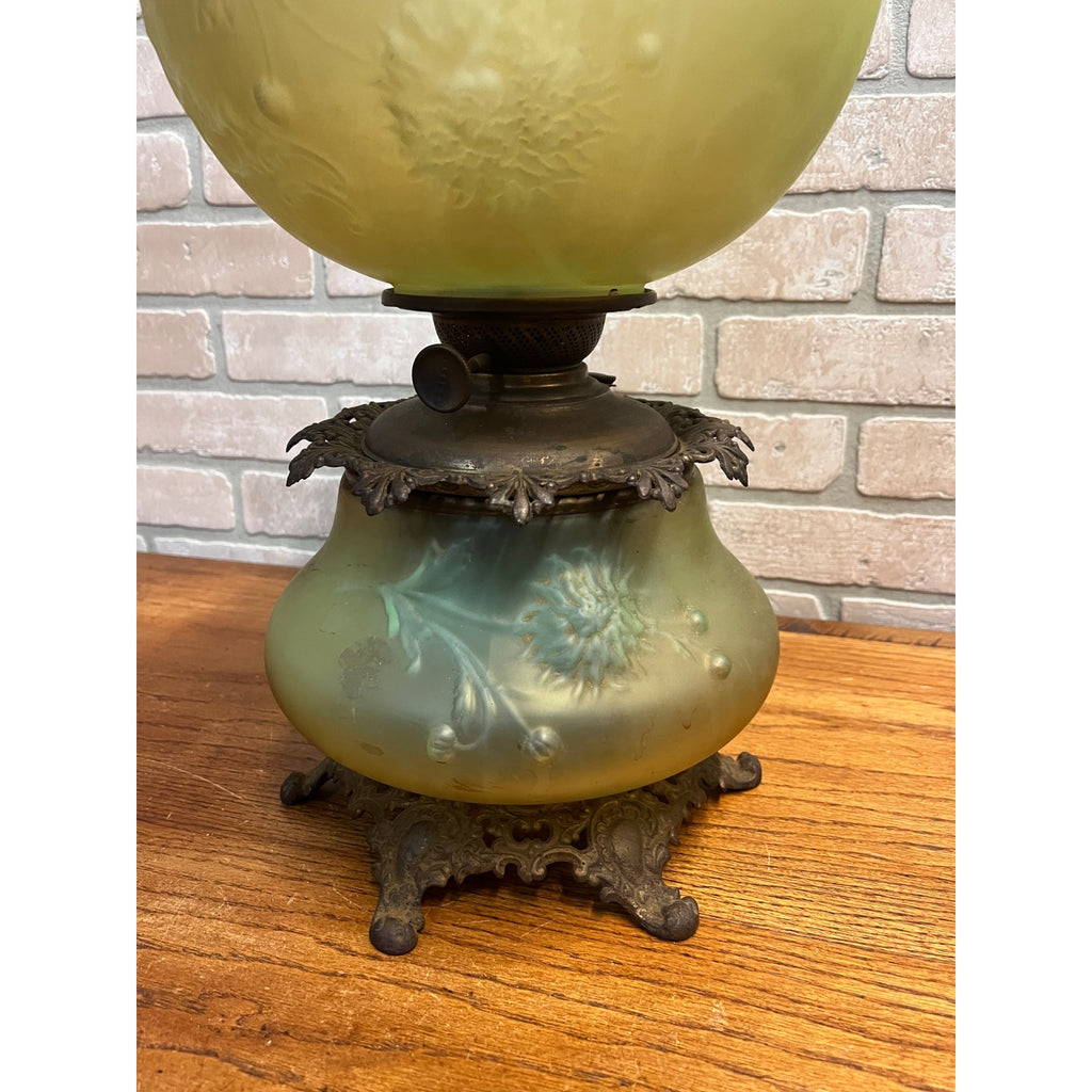 RARE Antique Satin Vaseline Uranium Glass Gone with the Wind Oil Lamp GWTW