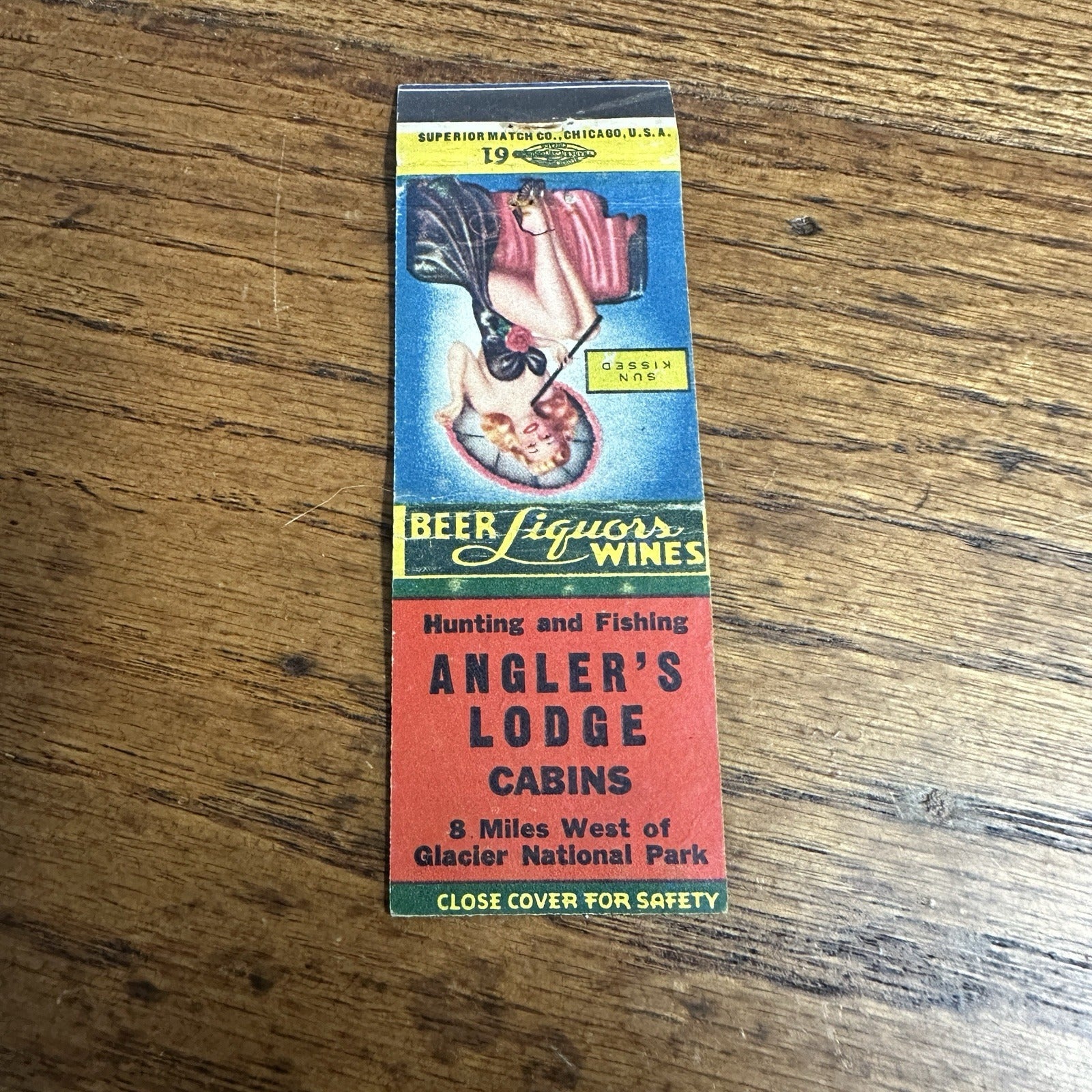 1940s 1950s Pinup Girlie Matchbook Cover Angler's Lodge Montana Glacier Nat
