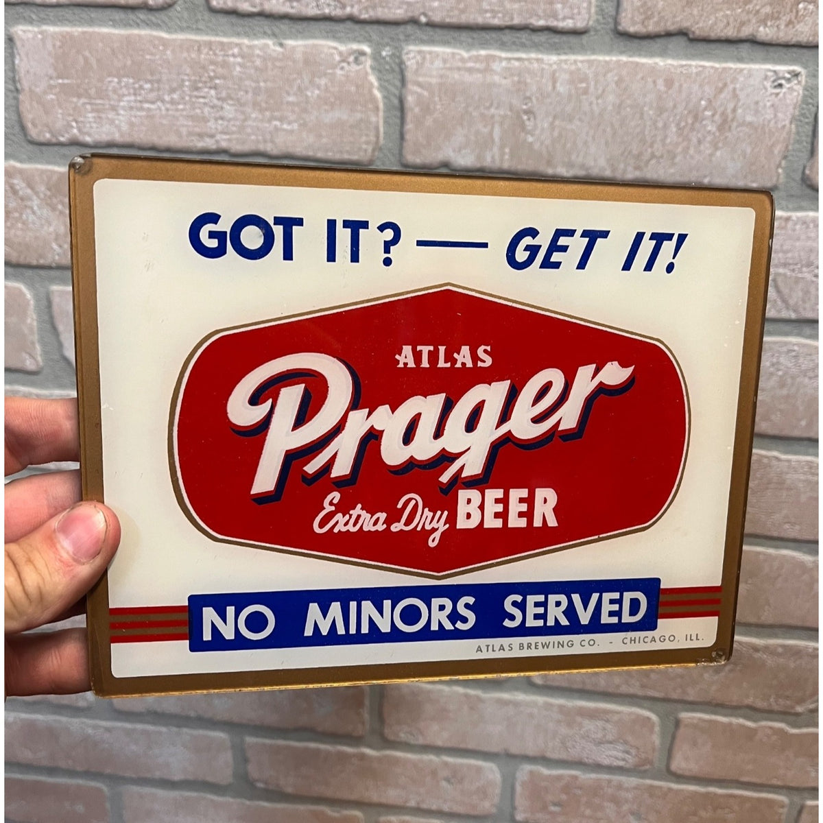 Scarce PRAGER Back Bar Sign Atlas Brewing Co. Chicago ILL Beer NO MINORS SERVED