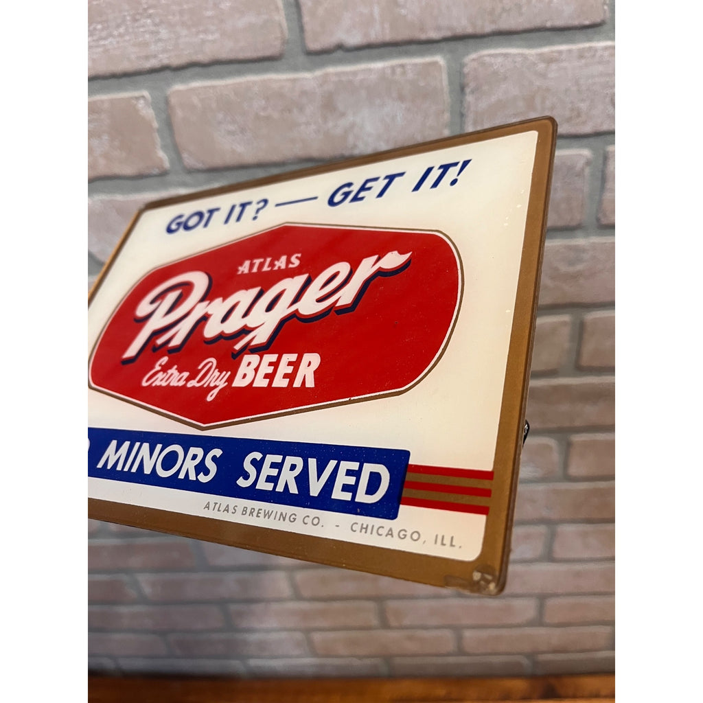 Scarce PRAGER Back Bar Sign Atlas Brewing Co. Chicago ILL Beer NO MINORS SERVED