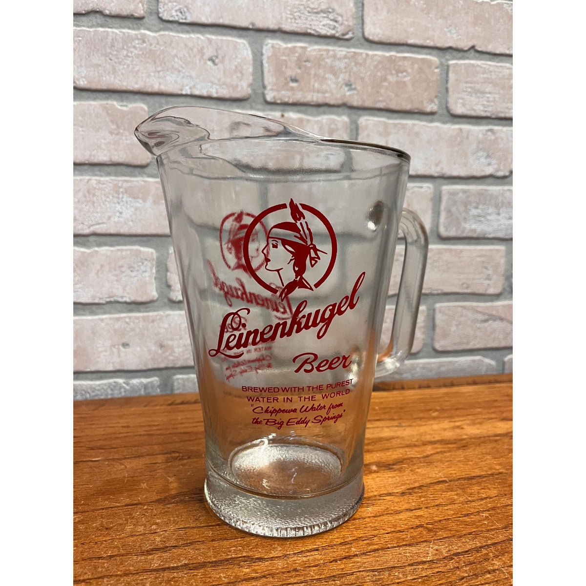 Vintage Leinenkugel Beer Glass Handled Pitcher With Indian Maiden Logo Chippewa Falls, WI