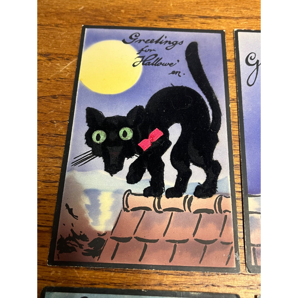 RARE Halloween Black Cat Felt Add-On Postcard Complete Set Gabriel Series 1211