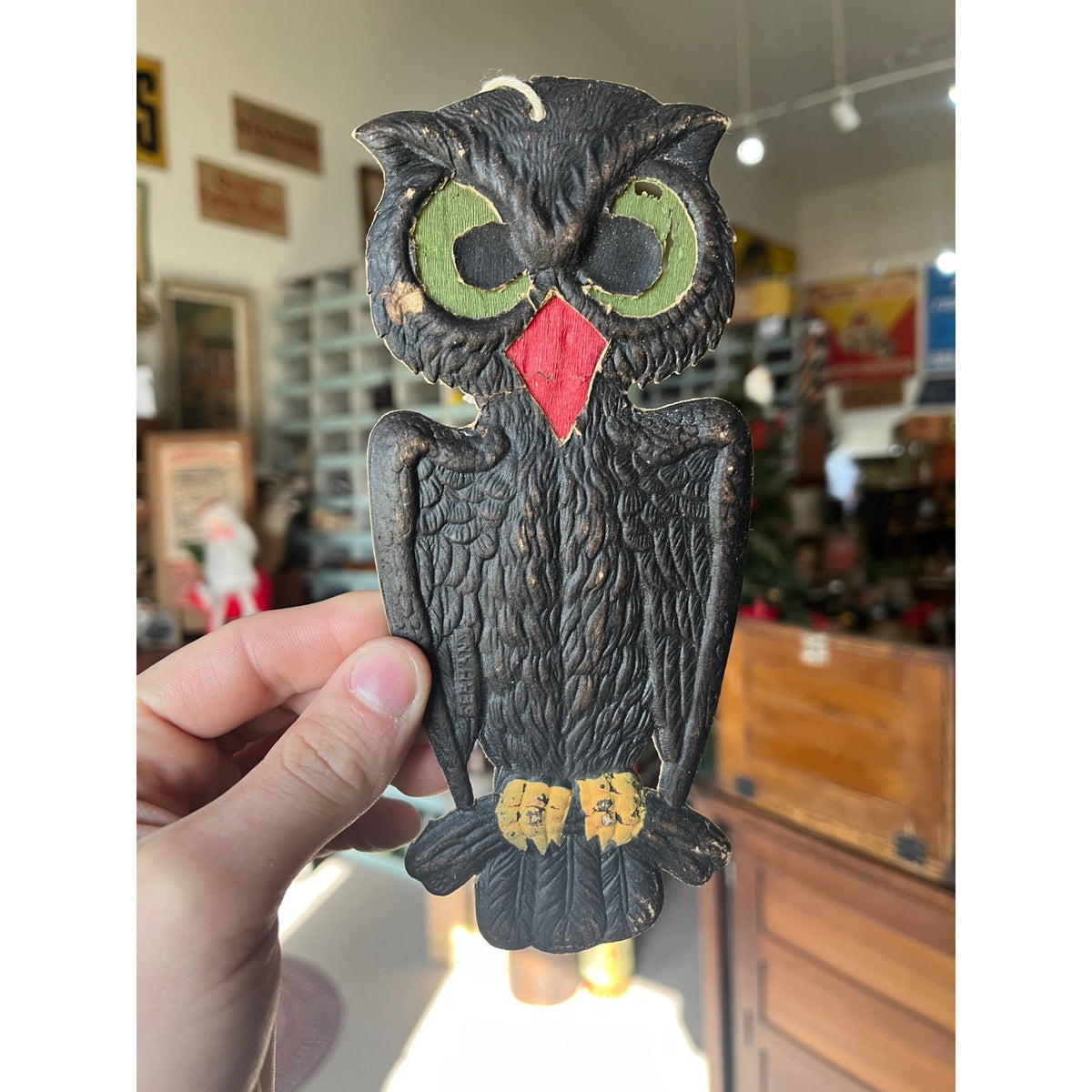 Antique 1920s German Halloween Diecut Owl 7.5" w/ Crepe Transparent Insert