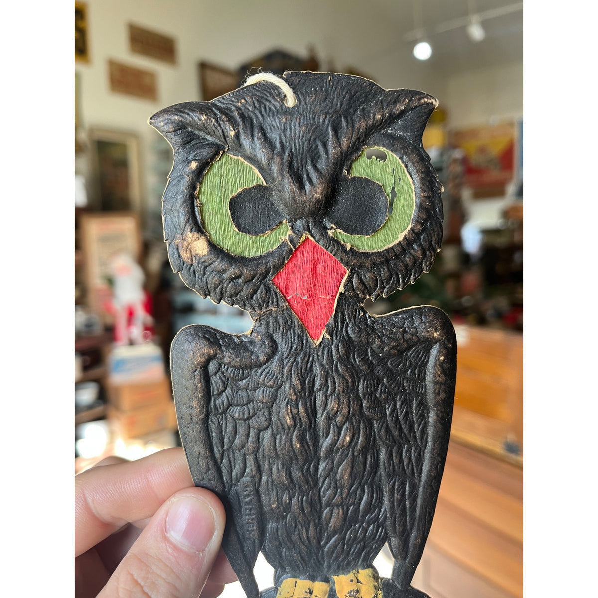 Antique 1920s German Halloween Diecut Owl 7.5" w/ Crepe Transparent Insert