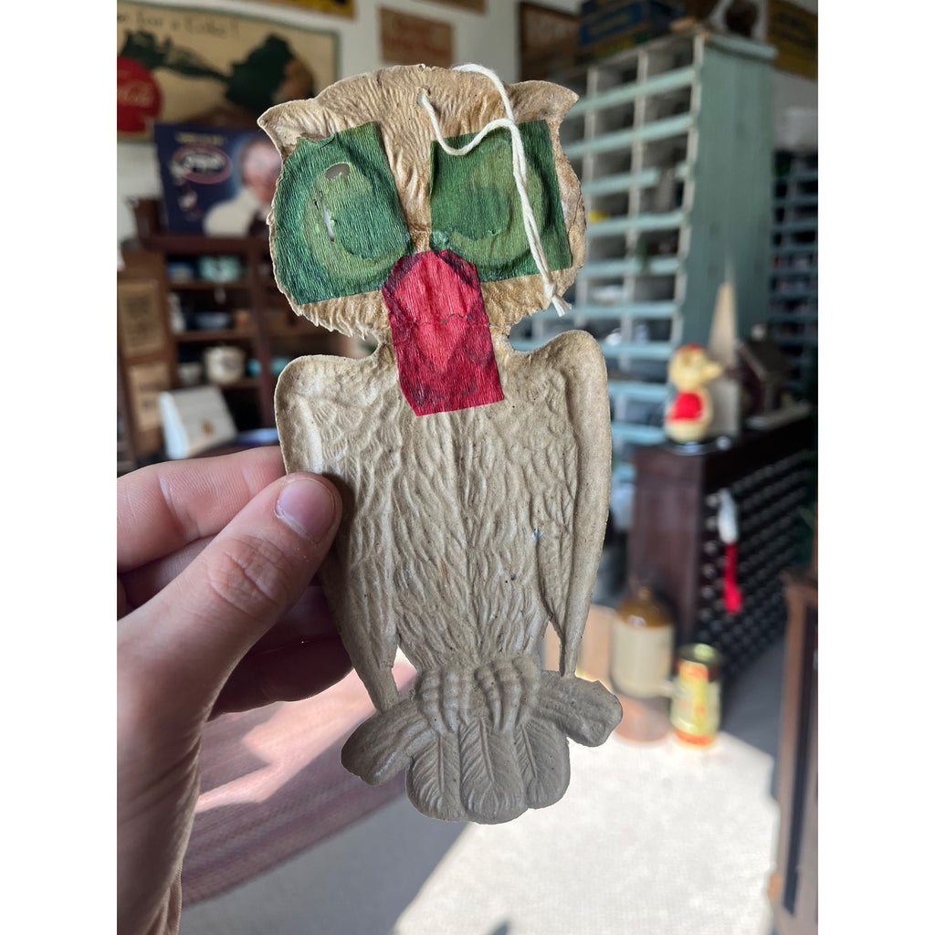 Antique 1920s German Halloween Diecut Owl 7.5" w/ Crepe Transparent Insert
