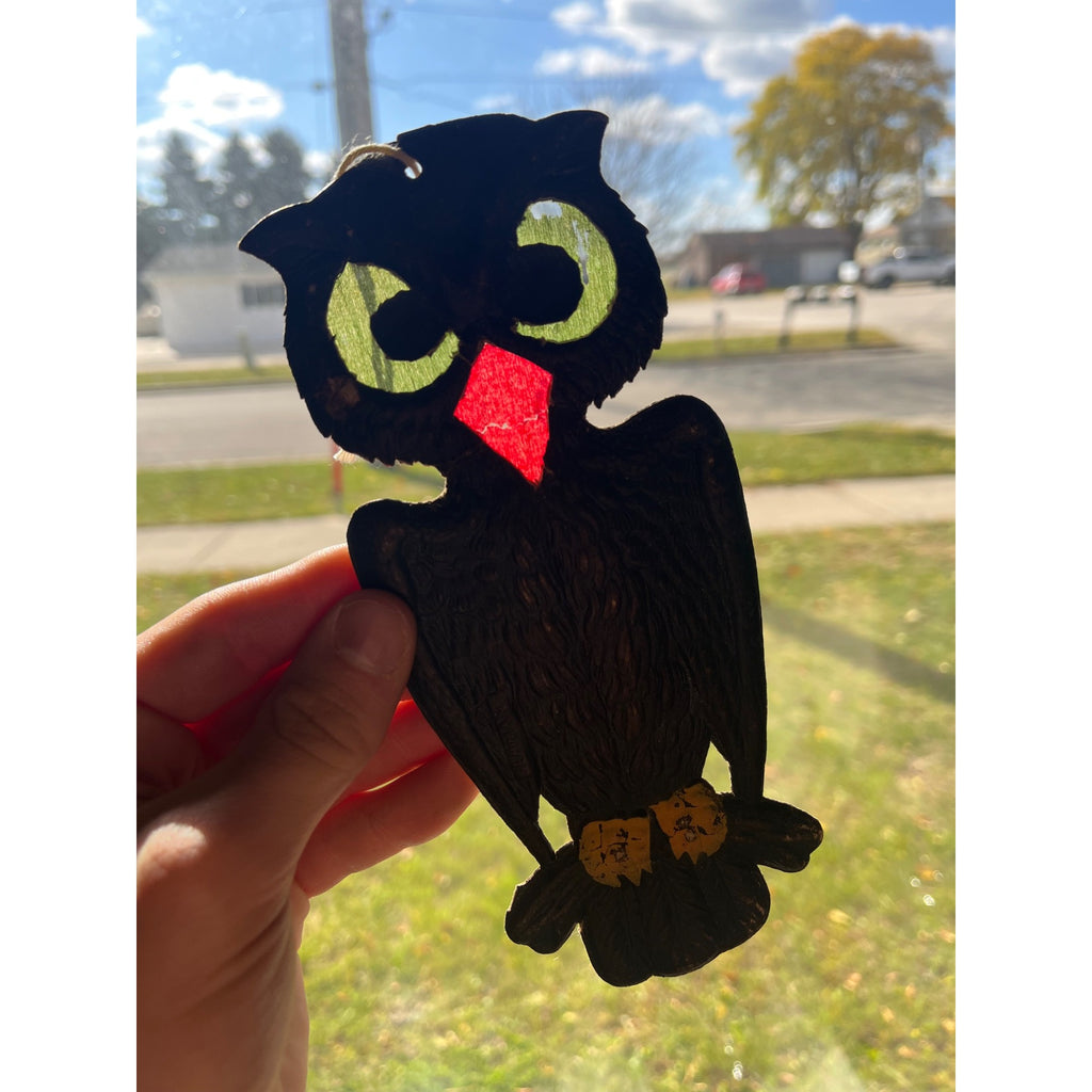 Antique 1920s German Halloween Diecut Owl 7.5" w/ Crepe Transparent Insert