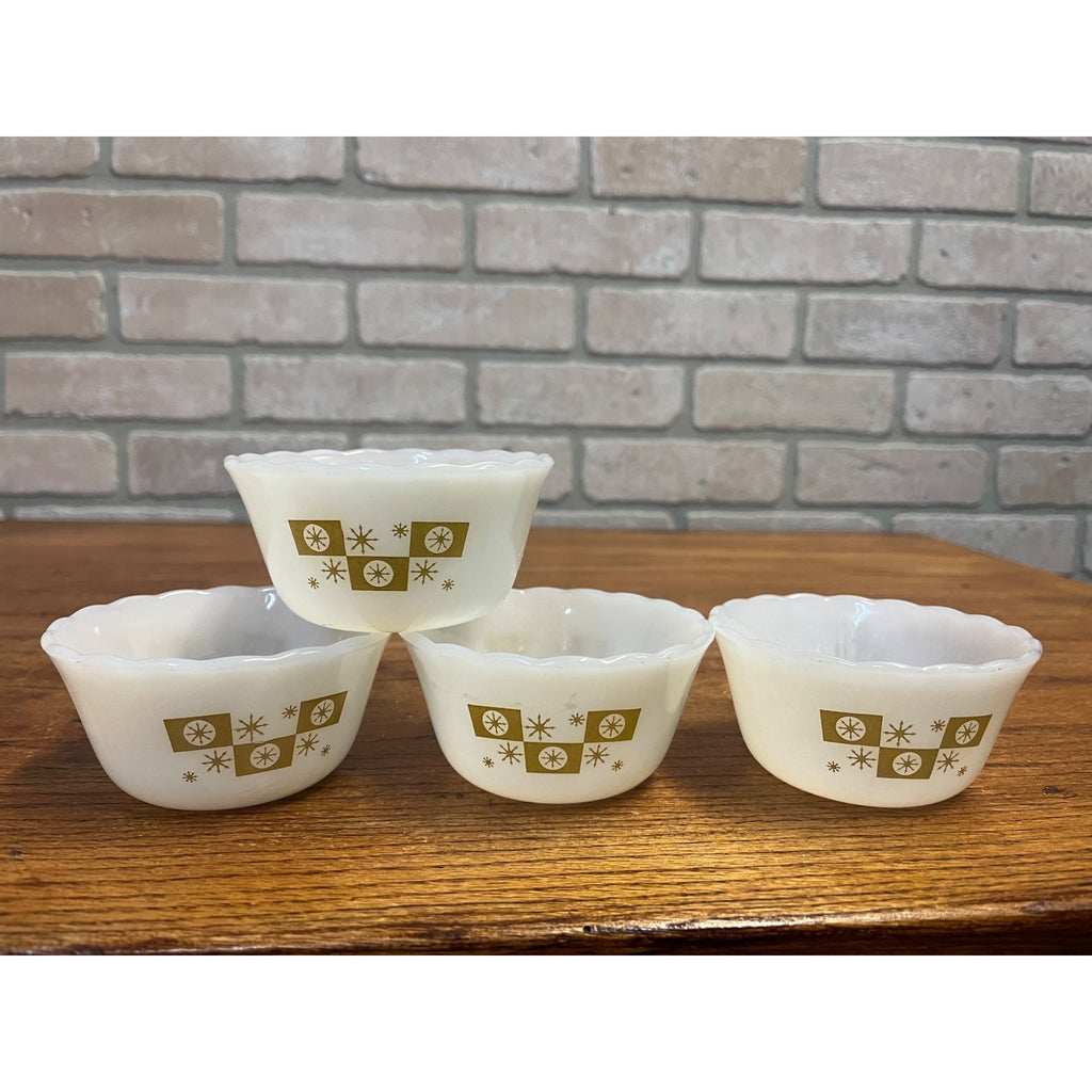 Vintage Fire King 4- Dessert Bowls Gold on Milk Glass Atomic Star Snowflake