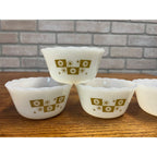 Vintage Fire King 4- Dessert Bowls Gold on Milk Glass Atomic Star Snowflake