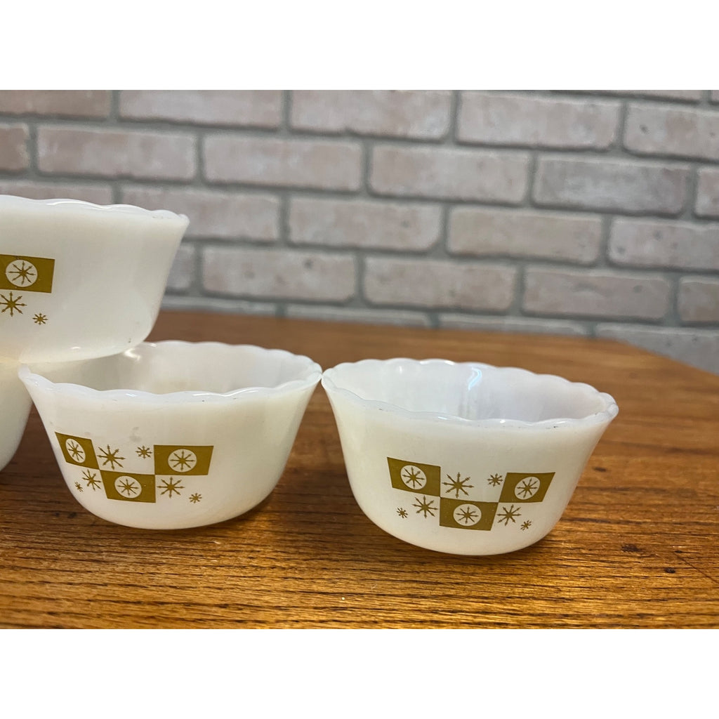 Vintage Fire King 4- Dessert Bowls Gold on Milk Glass Atomic Star Snowflake