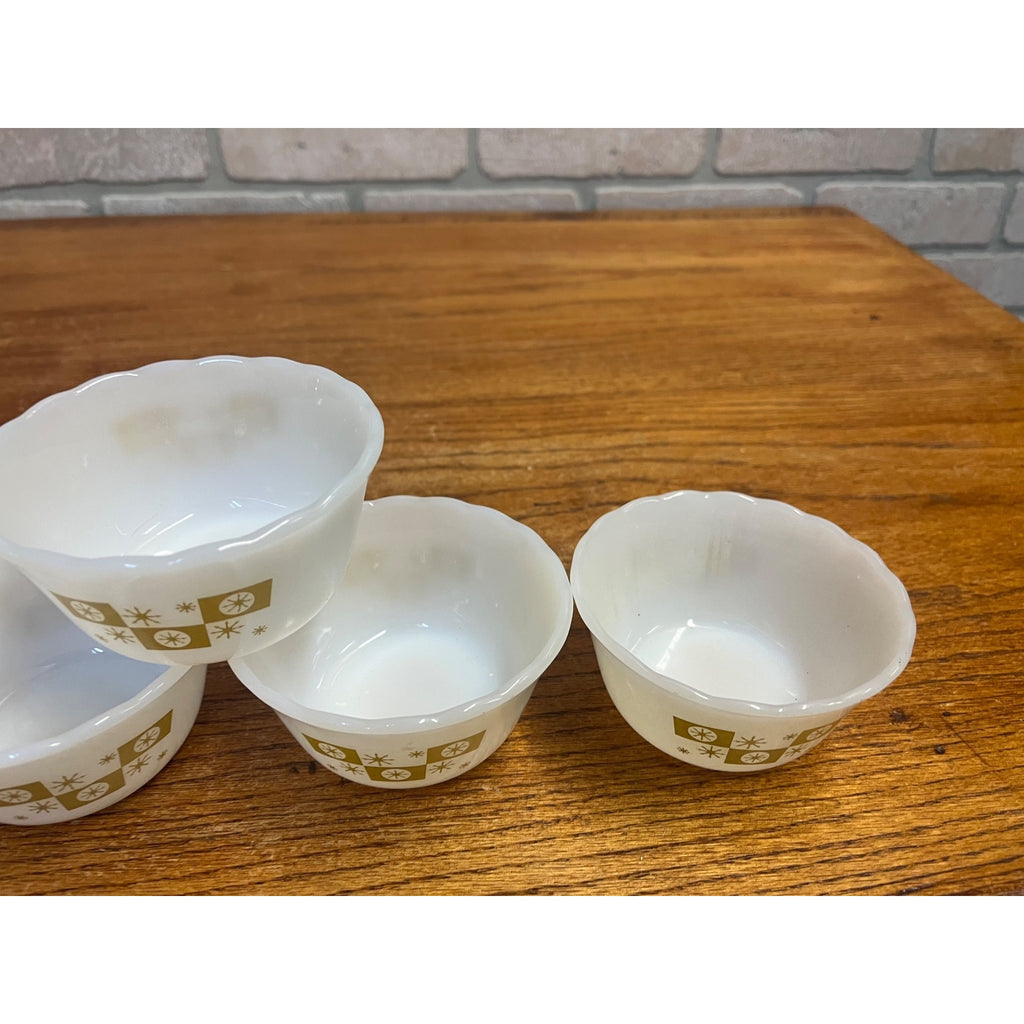Vintage Fire King 4- Dessert Bowls Gold on Milk Glass Atomic Star Snowflake