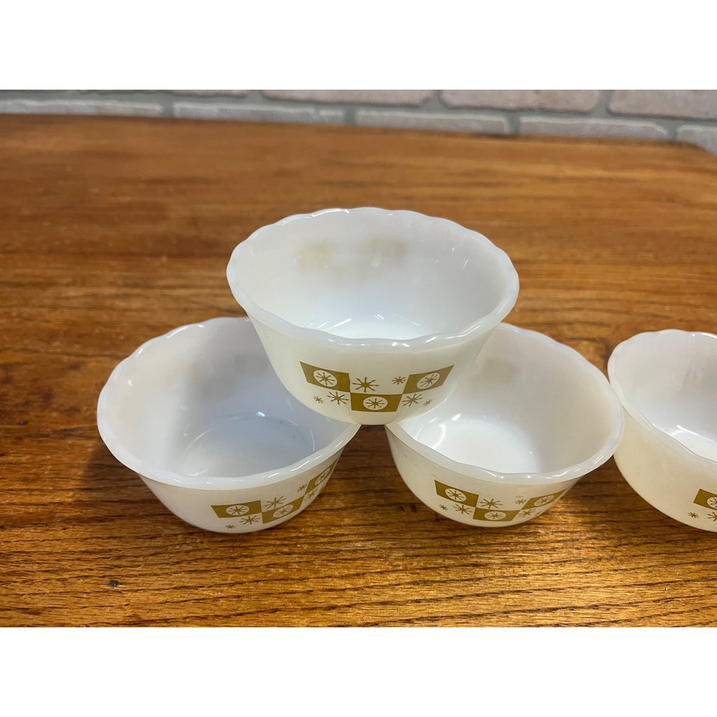 Vintage Fire King 4- Dessert Bowls Gold on Milk Glass Atomic Star Snowflake