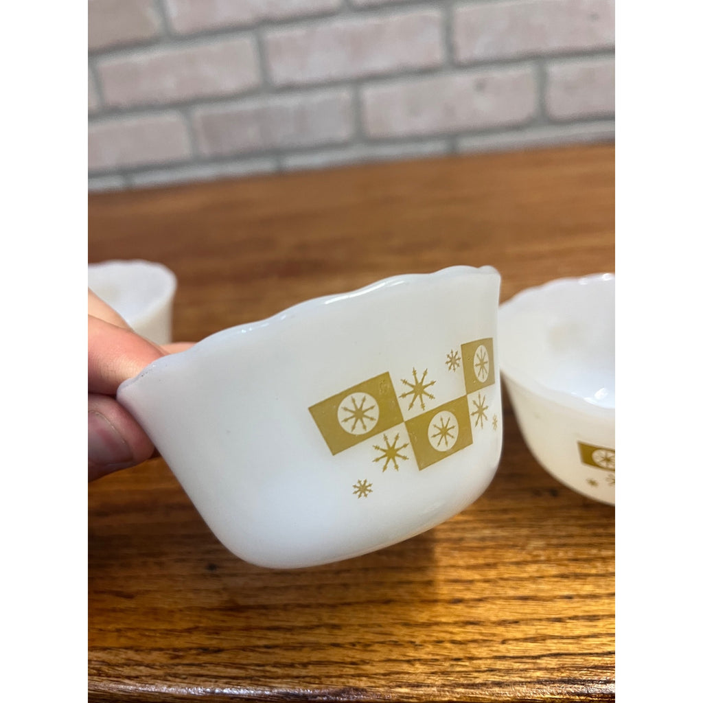 Vintage Fire King 4- Dessert Bowls Gold on Milk Glass Atomic Star Snowflake