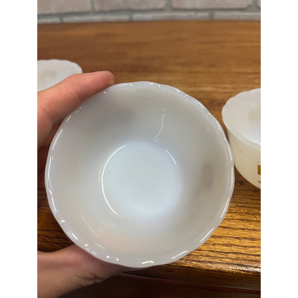 Vintage Fire King 4- Dessert Bowls Gold on Milk Glass Atomic Star Snowflake