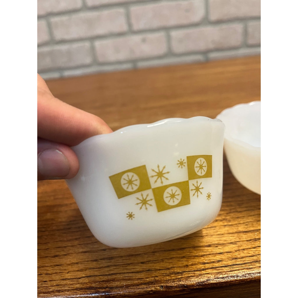Vintage Fire King 4- Dessert Bowls Gold on Milk Glass Atomic Star Snowflake