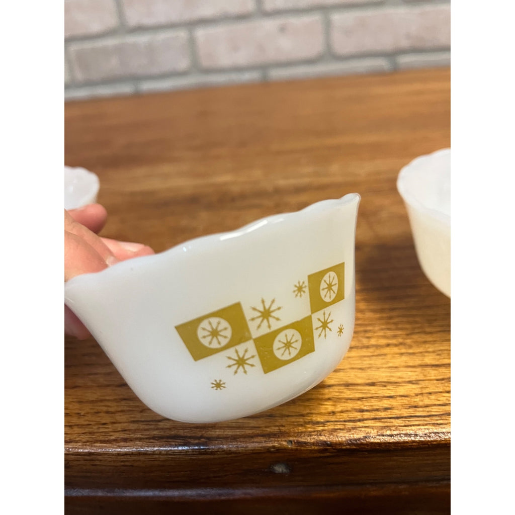 Vintage Fire King 4- Dessert Bowls Gold on Milk Glass Atomic Star Snowflake