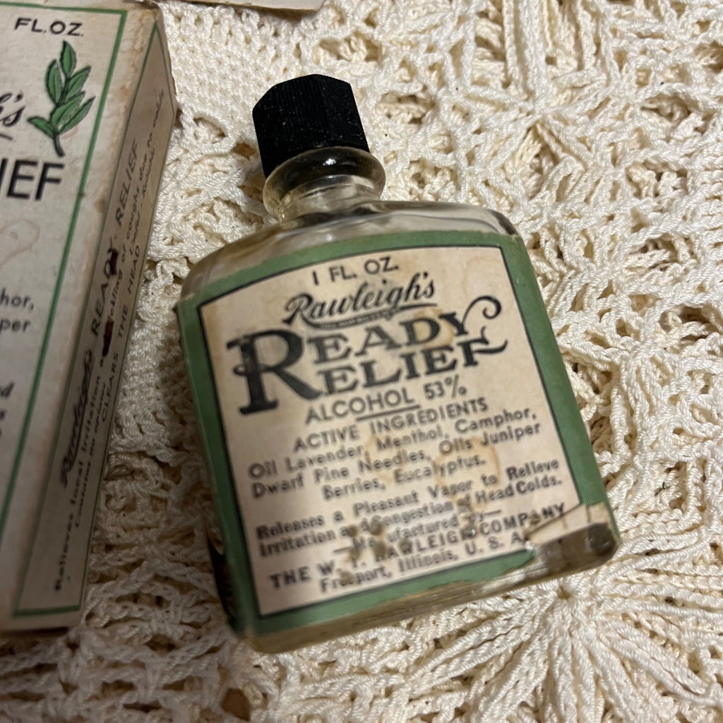 Vintage W.T. Rawleigh's Ready Relief Essential Oil Medicine Bottle & Box Pharmacy