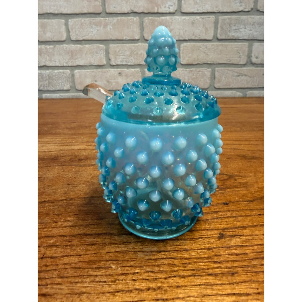 Vintage Fenton Opalescent Hobnail Honey Pot Or Jam Jar Set Blue Moonstone Glass