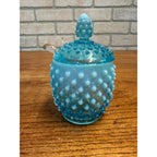 Vintage Fenton Opalescent Hobnail Honey Pot Or Jam Jar Set Blue Moonstone Glass
