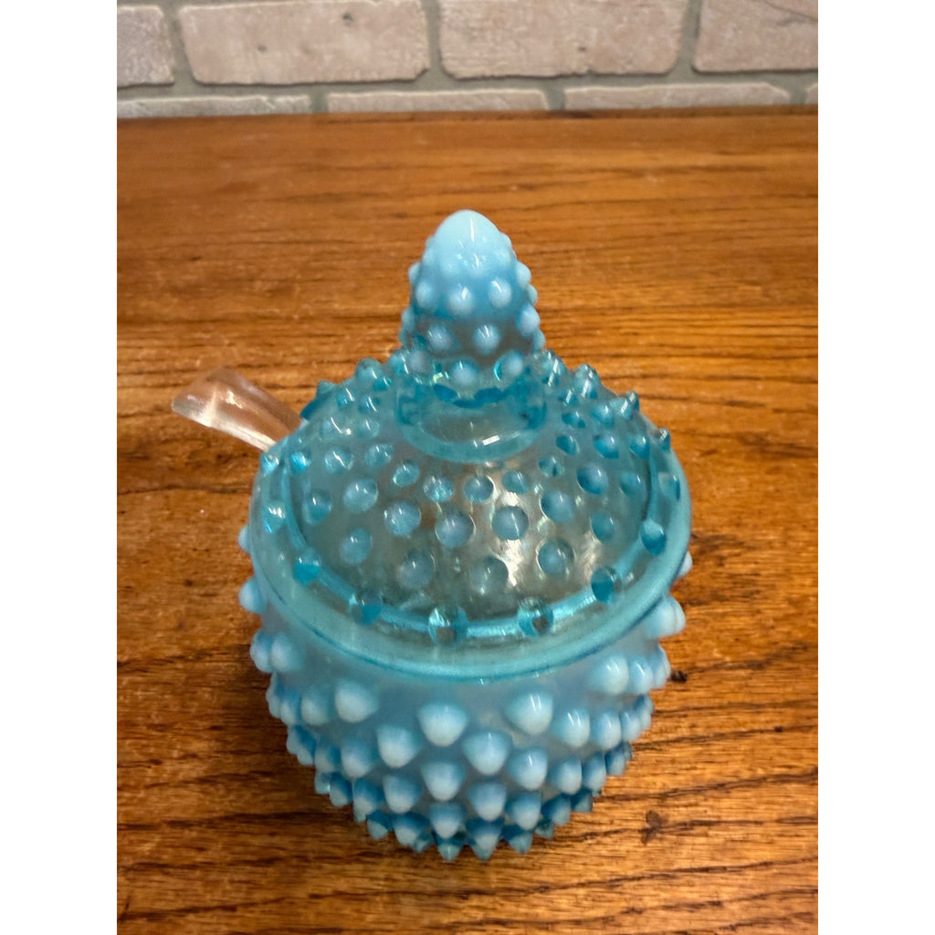 Vintage Fenton Opalescent Hobnail Honey Pot Or Jam Jar Set Blue Moonstone Glass