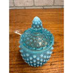 Vintage Fenton Opalescent Hobnail Honey Pot Or Jam Jar Set Blue Moonstone Glass