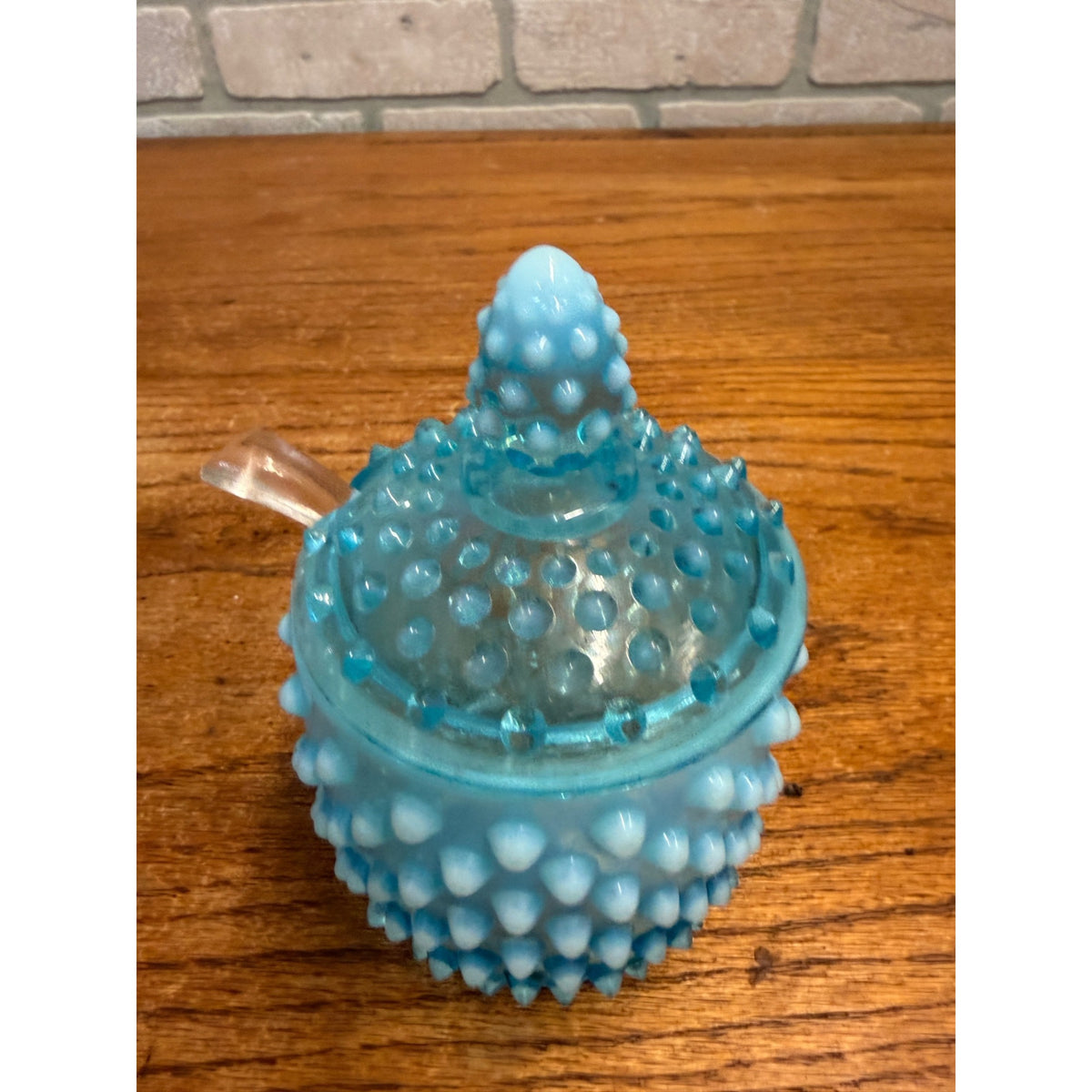Vintage Fenton Opalescent Hobnail Honey Pot Or Jam Jar Set Blue Moonstone Glass