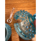 Vintage Fenton Opalescent Hobnail Honey Pot Or Jam Jar Set Blue Moonstone Glass