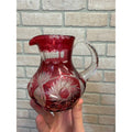 Vintage Ruby Red Cut-To-Clear Glass Pitcher With Intricate Floral & Starburst Patterns