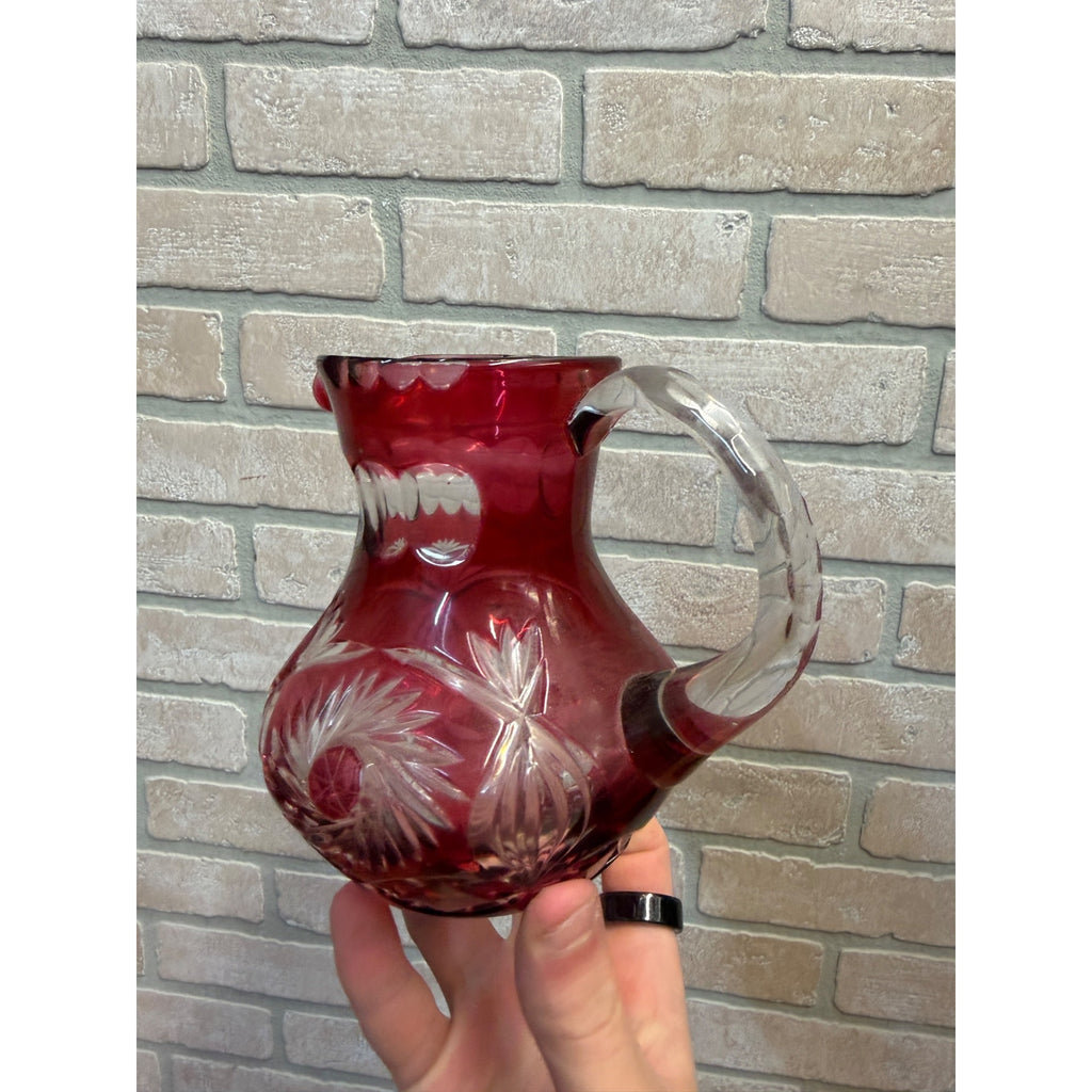 Vintage Ruby Red Cut-To-Clear Glass Pitcher With Intricate Floral & Starburst Patterns