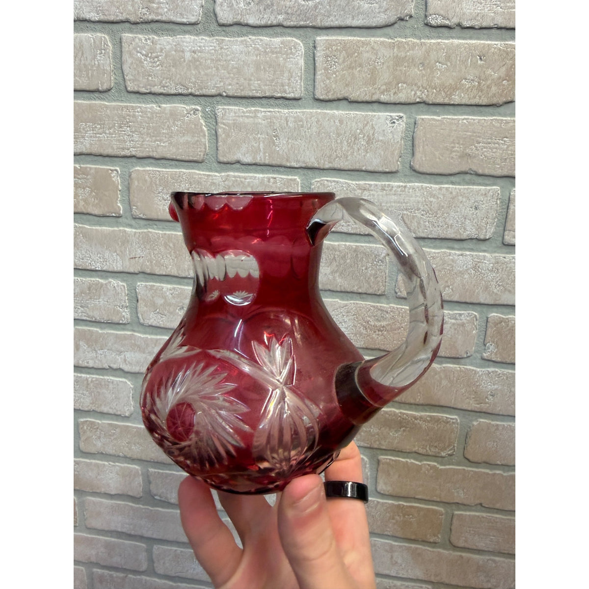 Vintage Ruby Red Cut-To-Clear Glass Pitcher With Intricate Floral & Starburst Patterns