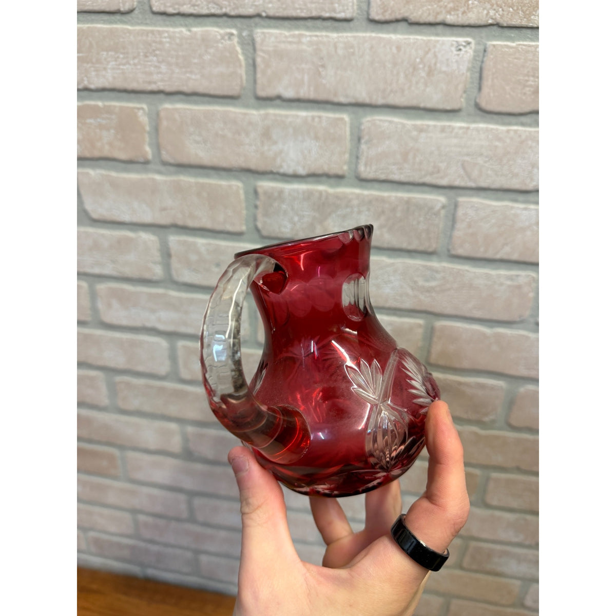 Vintage Ruby Red Cut-To-Clear Glass Pitcher With Intricate Floral & Starburst Patterns