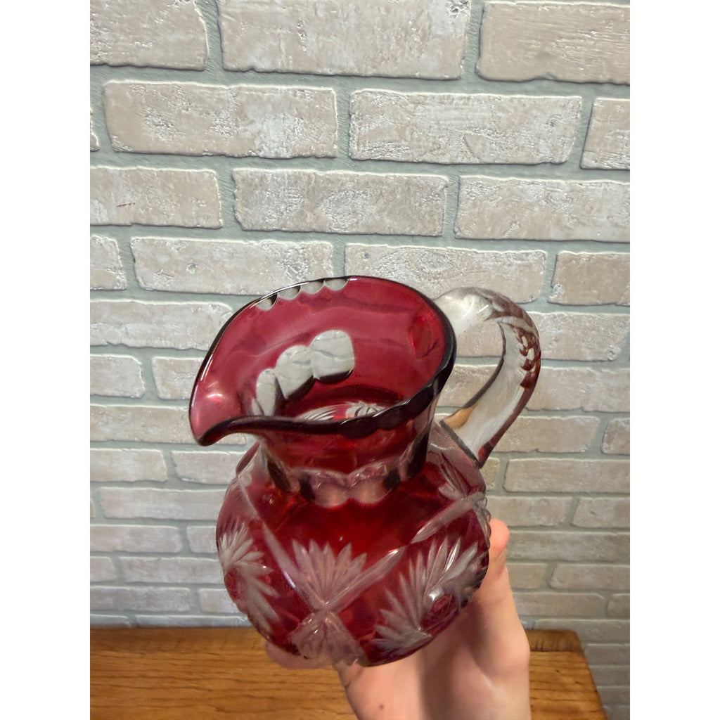 Vintage Ruby Red Cut-To-Clear Glass Pitcher With Intricate Floral & Starburst Patterns