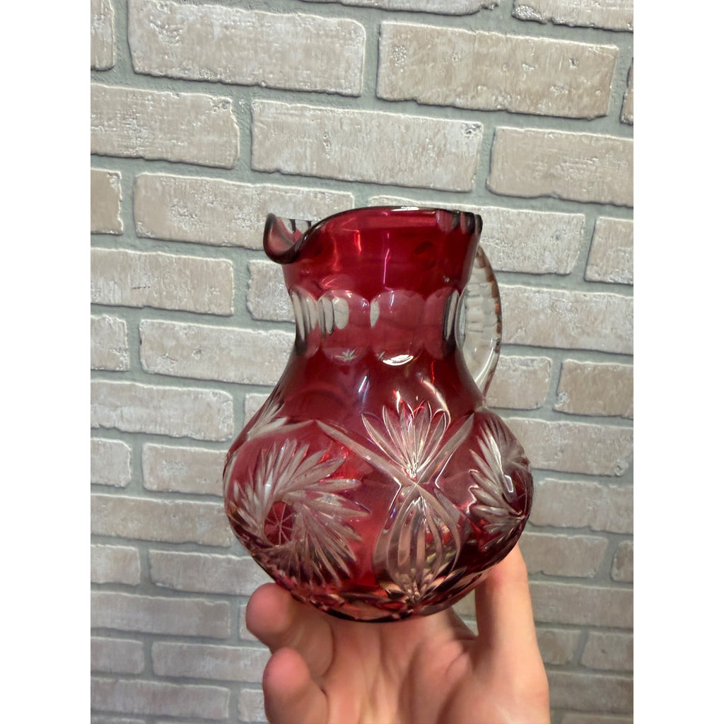 Vintage Ruby Red Cut-To-Clear Glass Pitcher With Intricate Floral & Starburst Patterns