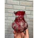 Vintage Ruby Red Cut-To-Clear Glass Pitcher With Intricate Floral & Starburst Patterns