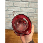 Vintage Ruby Red Cut-To-Clear Glass Pitcher With Intricate Floral & Starburst Patterns