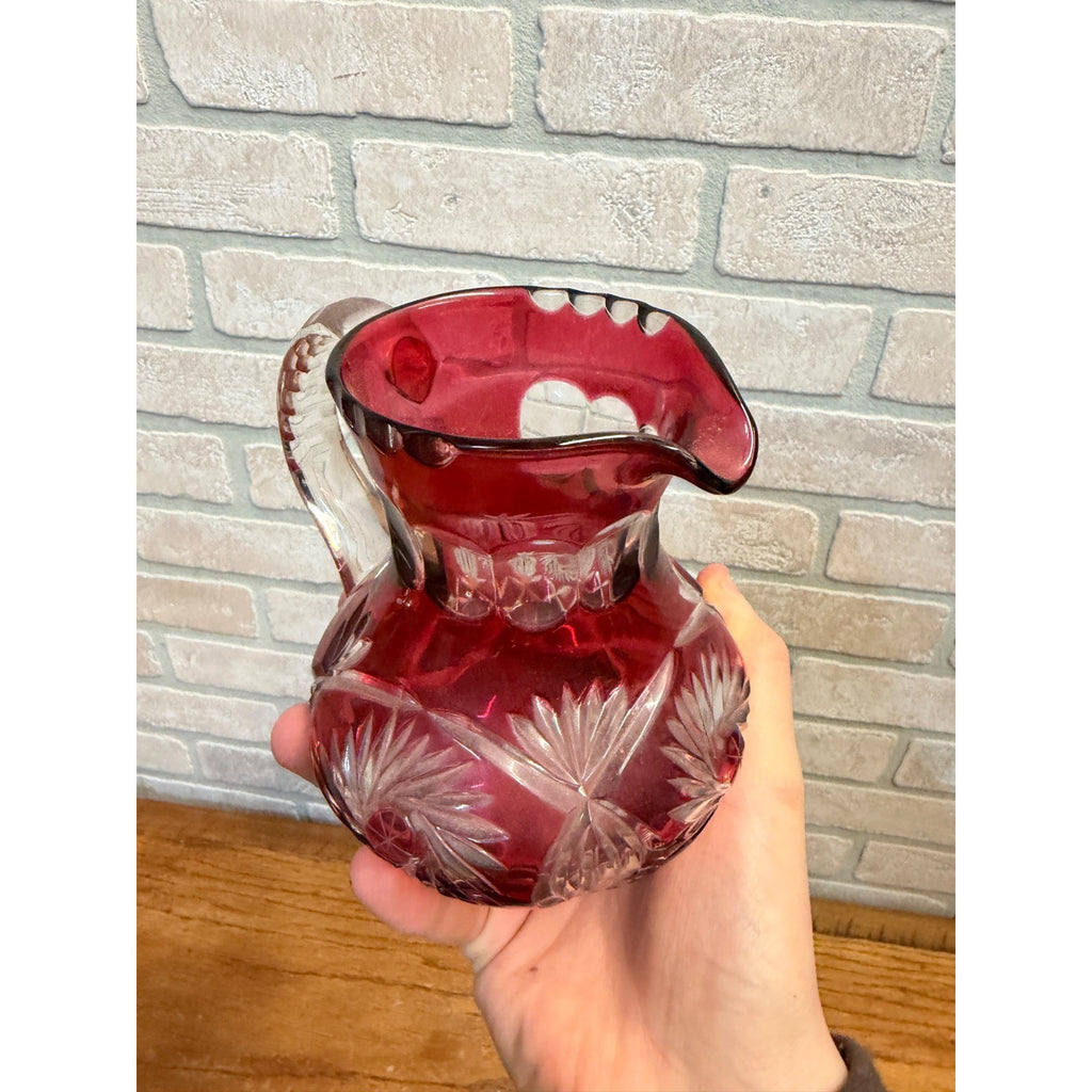 Vintage Ruby Red Cut-To-Clear Glass Pitcher With Intricate Floral & Starburst Patterns