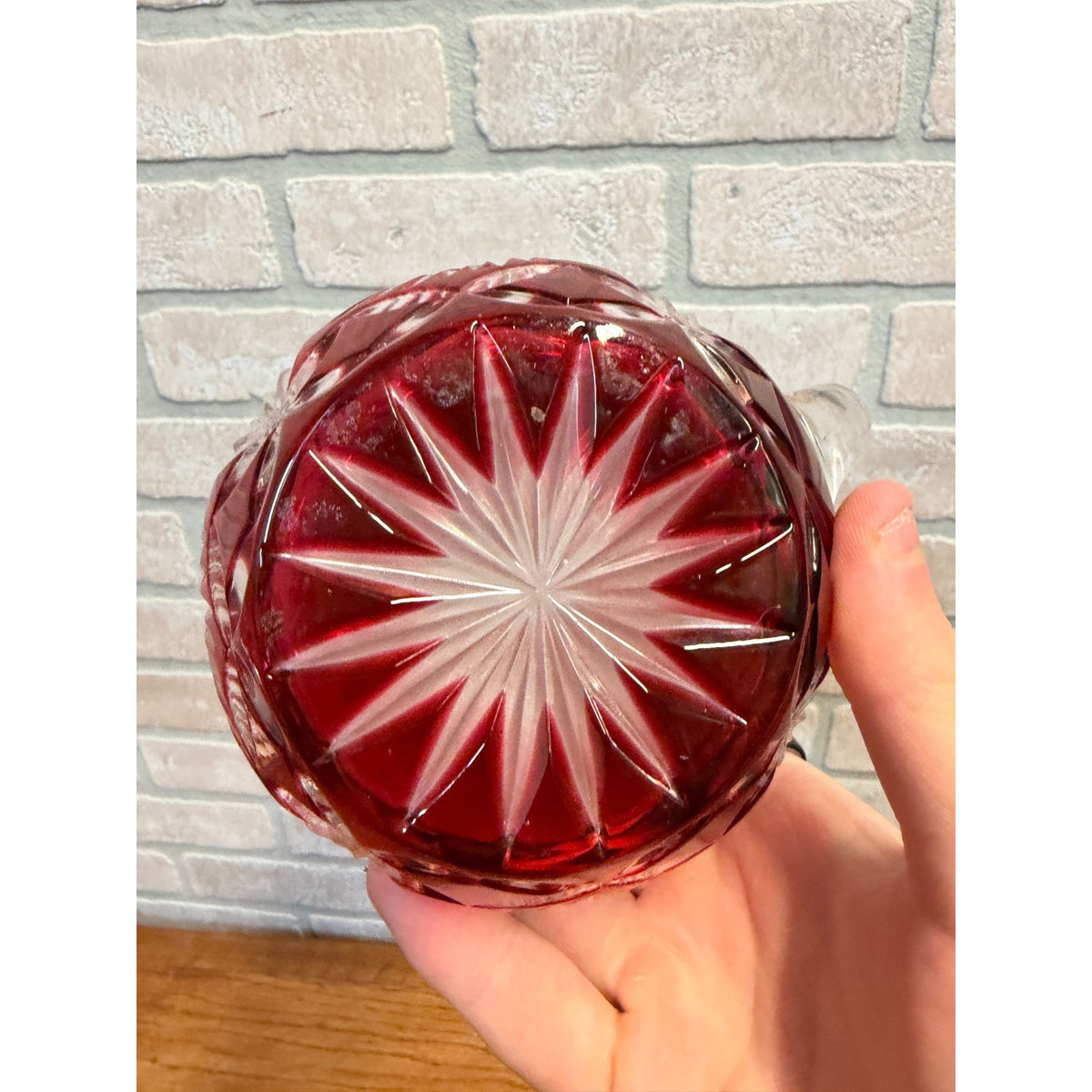 Vintage Ruby Red Cut-To-Clear Glass Pitcher With Intricate Floral & Starburst Patterns