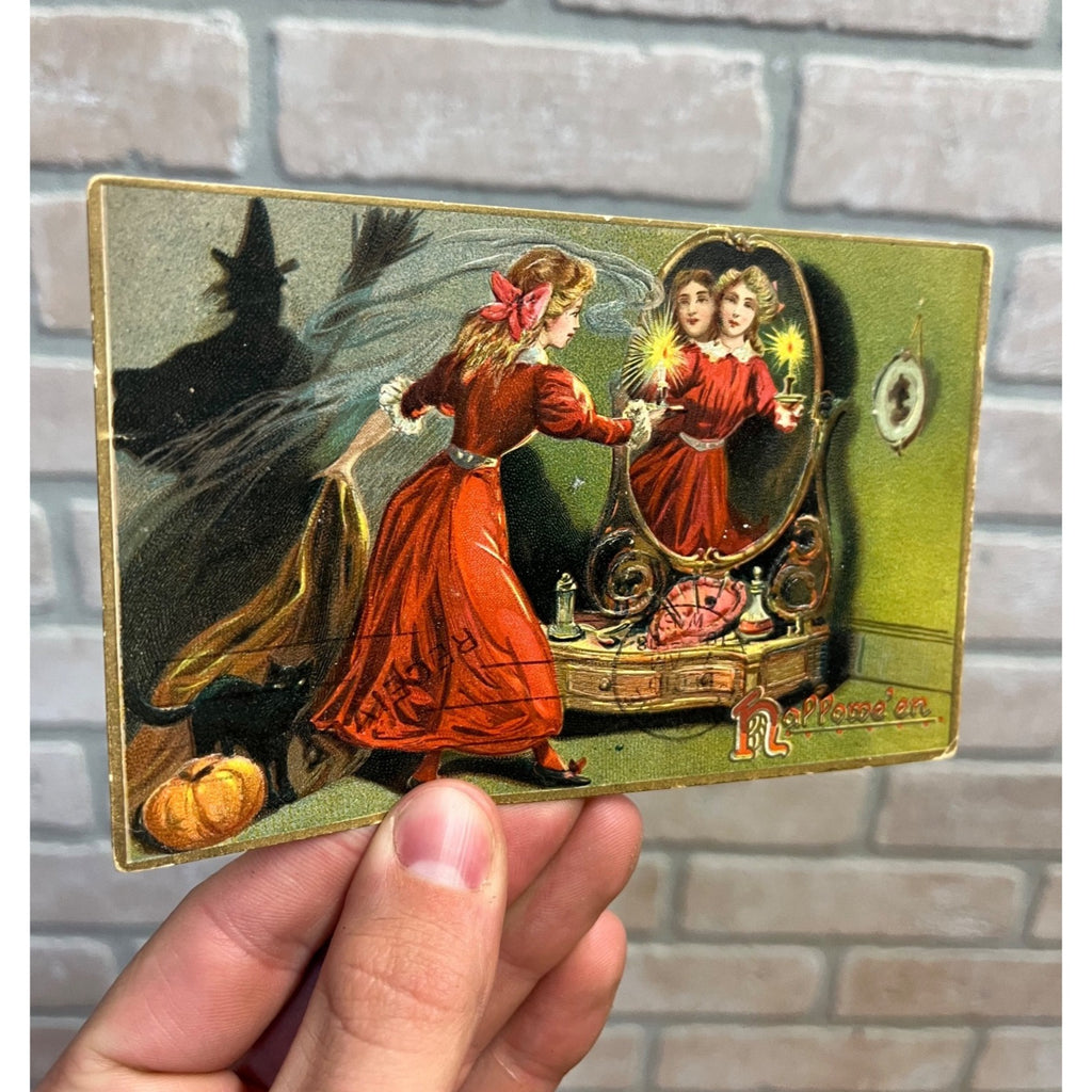 Postcard Halloween Lady Looking Mirror Reflection Tuck Series 150