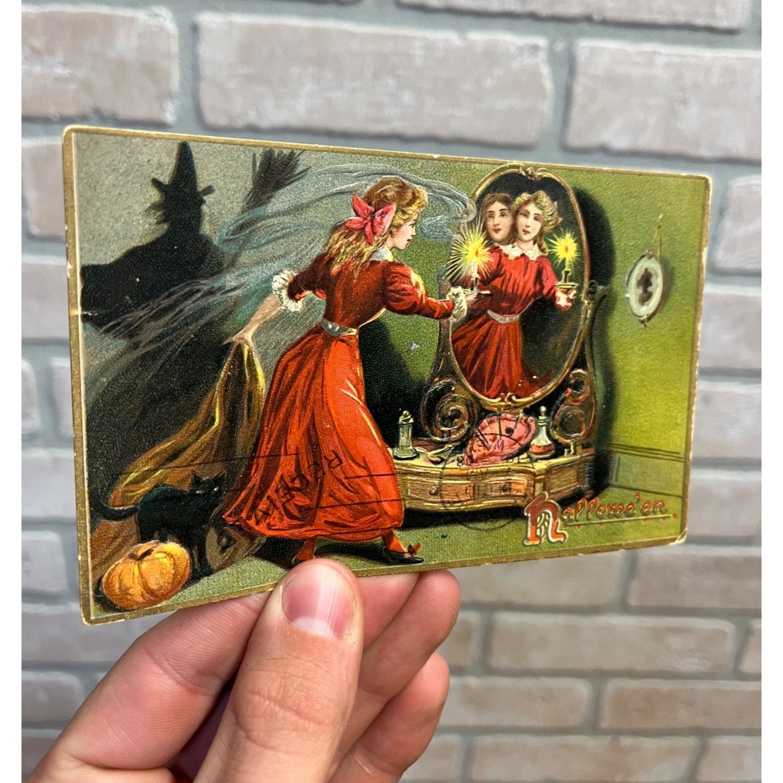 Postcard Halloween Lady Looking Mirror Reflection Tuck Series 150
