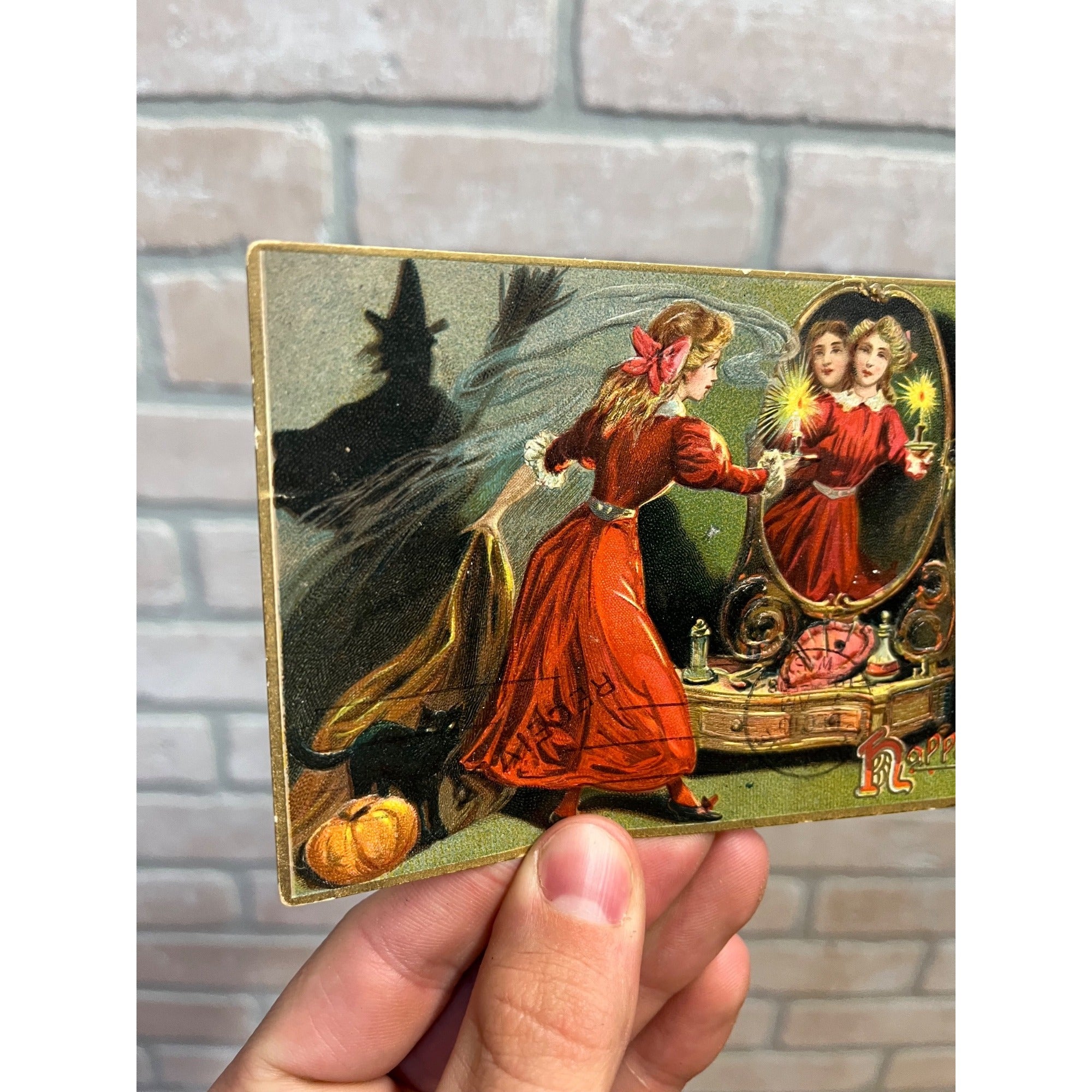 Postcard Halloween Lady Looking Mirror Reflection Tuck Series 150