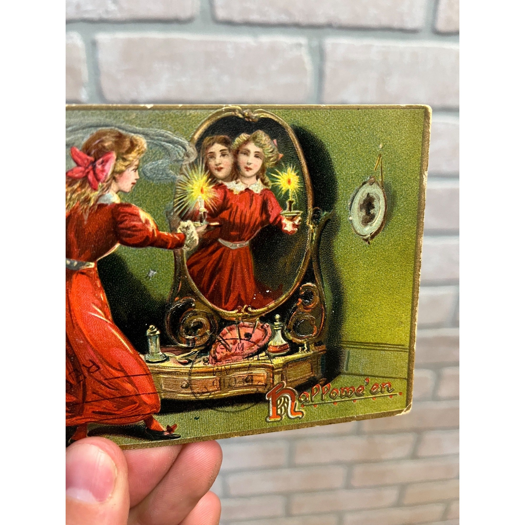 Postcard Halloween Lady Looking Mirror Reflection Tuck Series 150