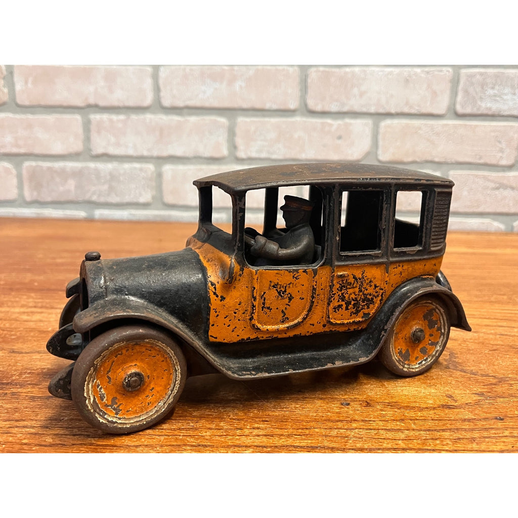 Vintage Arcade Cast Iron Car 8" 1920's Orange Black Yellow Taxi Cab w/Driver